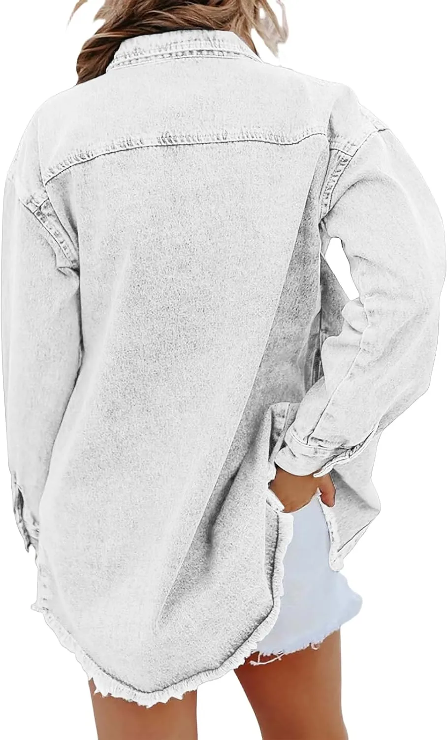 Mmoneyake Oversized Jean Jacket for Women Button Down Long Sleeve Shirt Shacket Boyfriend Denim Jacket Coats with Frayed Hem