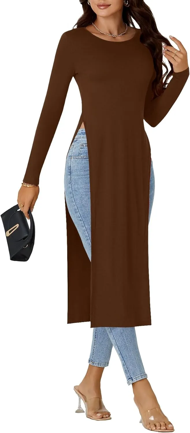 OPOIPIN Women's Crew Neck Split Slit Hem Long Sleeve Slim Fit Tee Top Long Shirt Tunic