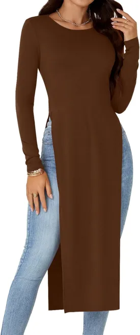 OPOIPIN Women's Crew Neck Split Slit Hem Long Sleeve Slim Fit Tee Top Long Shirt Tunic
