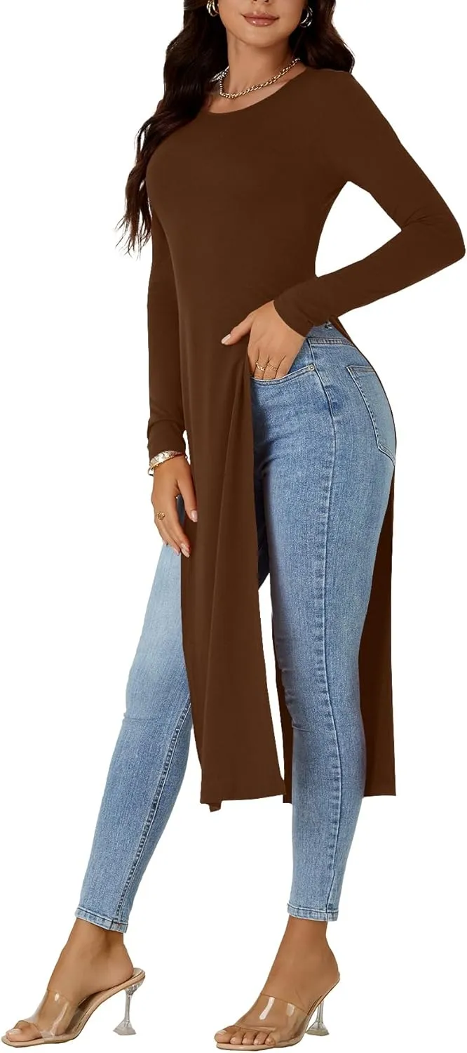 OPOIPIN Women's Crew Neck Split Slit Hem Long Sleeve Slim Fit Tee Top Long Shirt Tunic