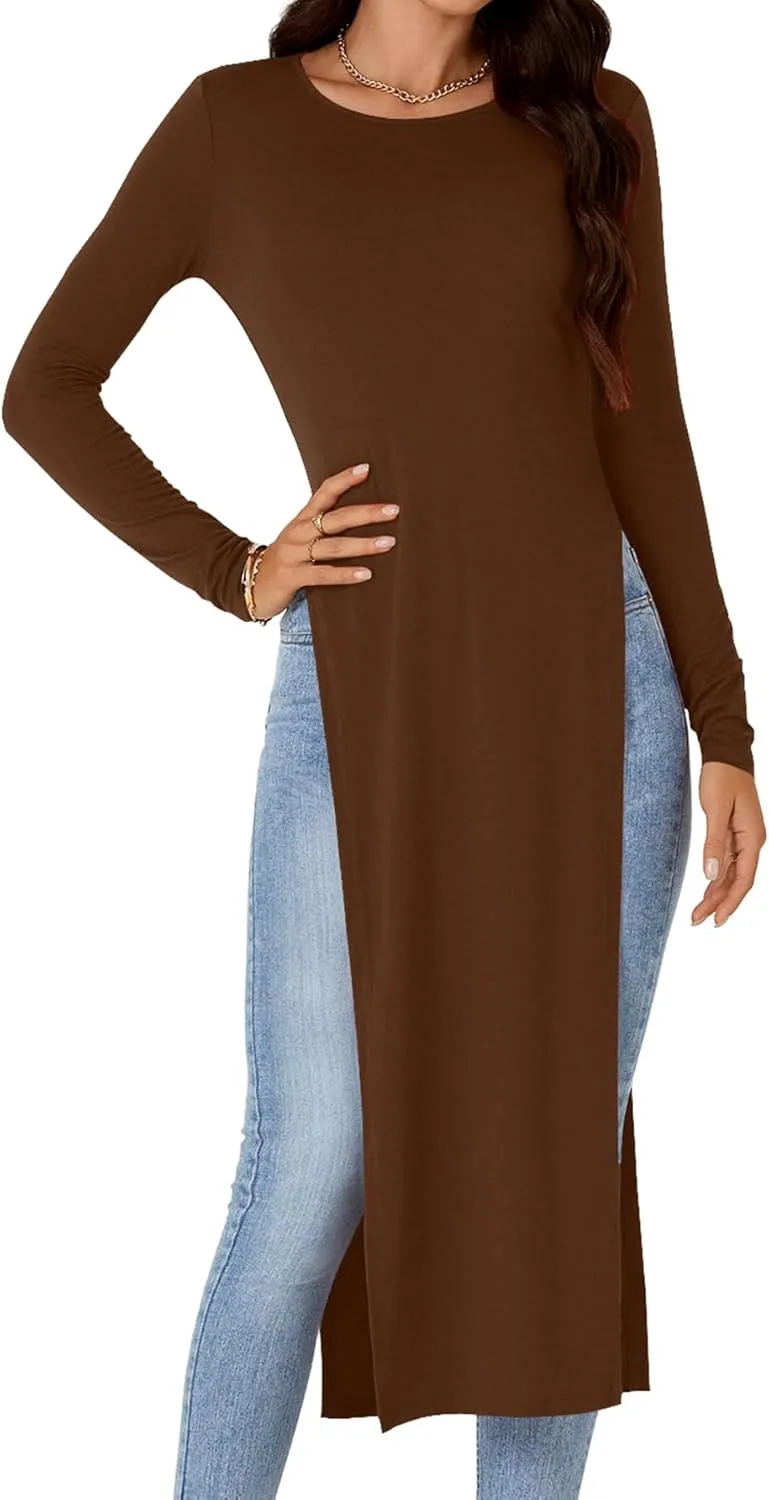 OPOIPIN Women's Crew Neck Split Slit Hem Long Sleeve Slim Fit Tee Top Long Shirt Tunic
