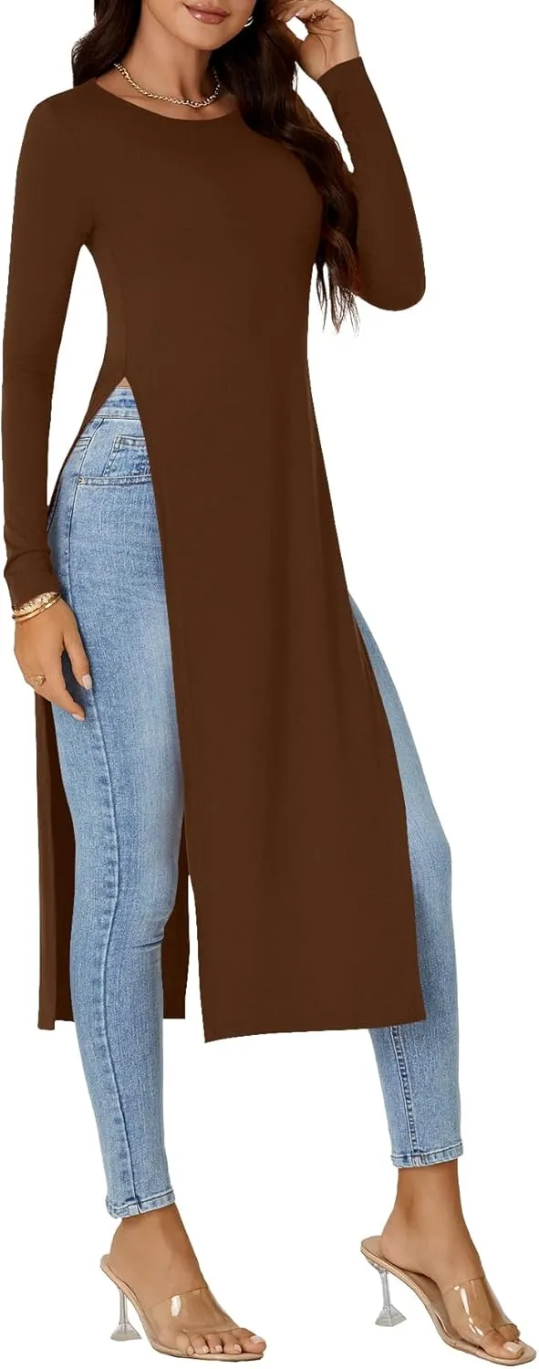 OPOIPIN Women's Crew Neck Split Slit Hem Long Sleeve Slim Fit Tee Top Long Shirt Tunic