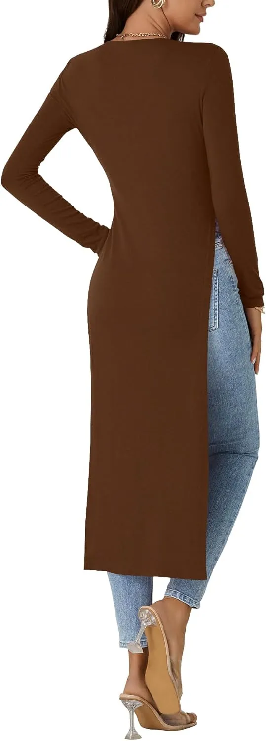 OPOIPIN Women's Crew Neck Split Slit Hem Long Sleeve Slim Fit Tee Top Long Shirt Tunic
