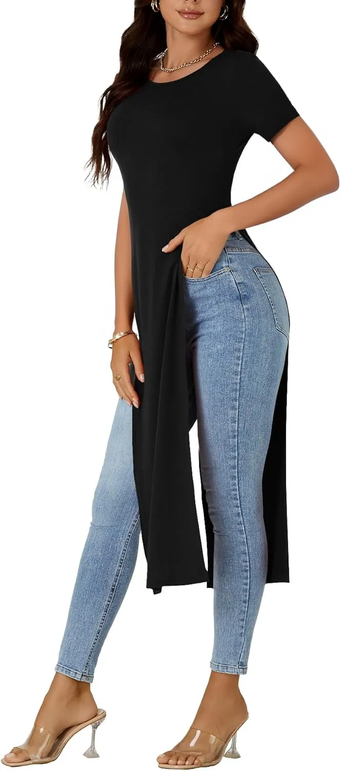 OPOIPIN Women's Crew Neck Split Slit Hem Short Sleeve Slim Fit Tee Top Long Shirt Tunic