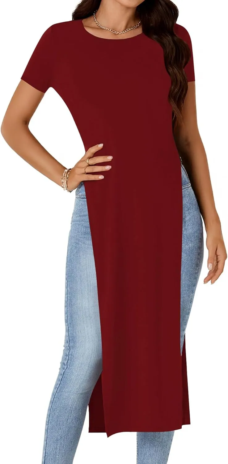 OPOIPIN Women's Crew Neck Split Slit Hem Short Sleeve Slim Fit Tee Top Long Shirt Tunic