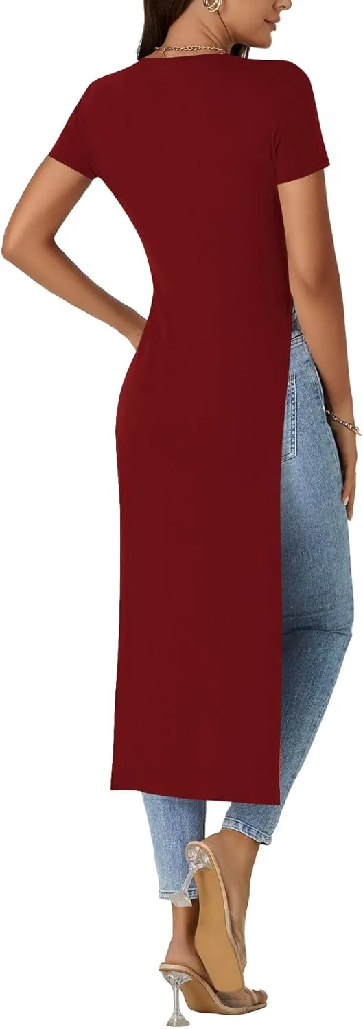 OPOIPIN Women's Crew Neck Split Slit Hem Short Sleeve Slim Fit Tee Top Long Shirt Tunic