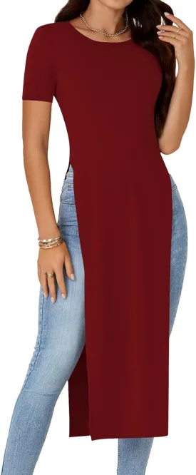 OPOIPIN Women's Crew Neck Split Slit Hem Short Sleeve Slim Fit Tee Top Long Shirt Tunic