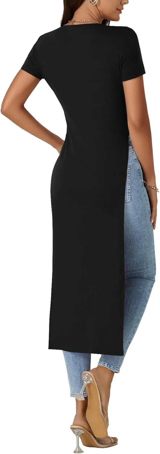OPOIPIN Women's Crew Neck Split Slit Hem Short Sleeve Slim Fit Tee Top Long Shirt Tunic