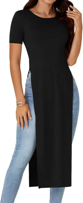 OPOIPIN Women's Crew Neck Split Slit Hem Short Sleeve Slim Fit Tee Top Long Shirt Tunic