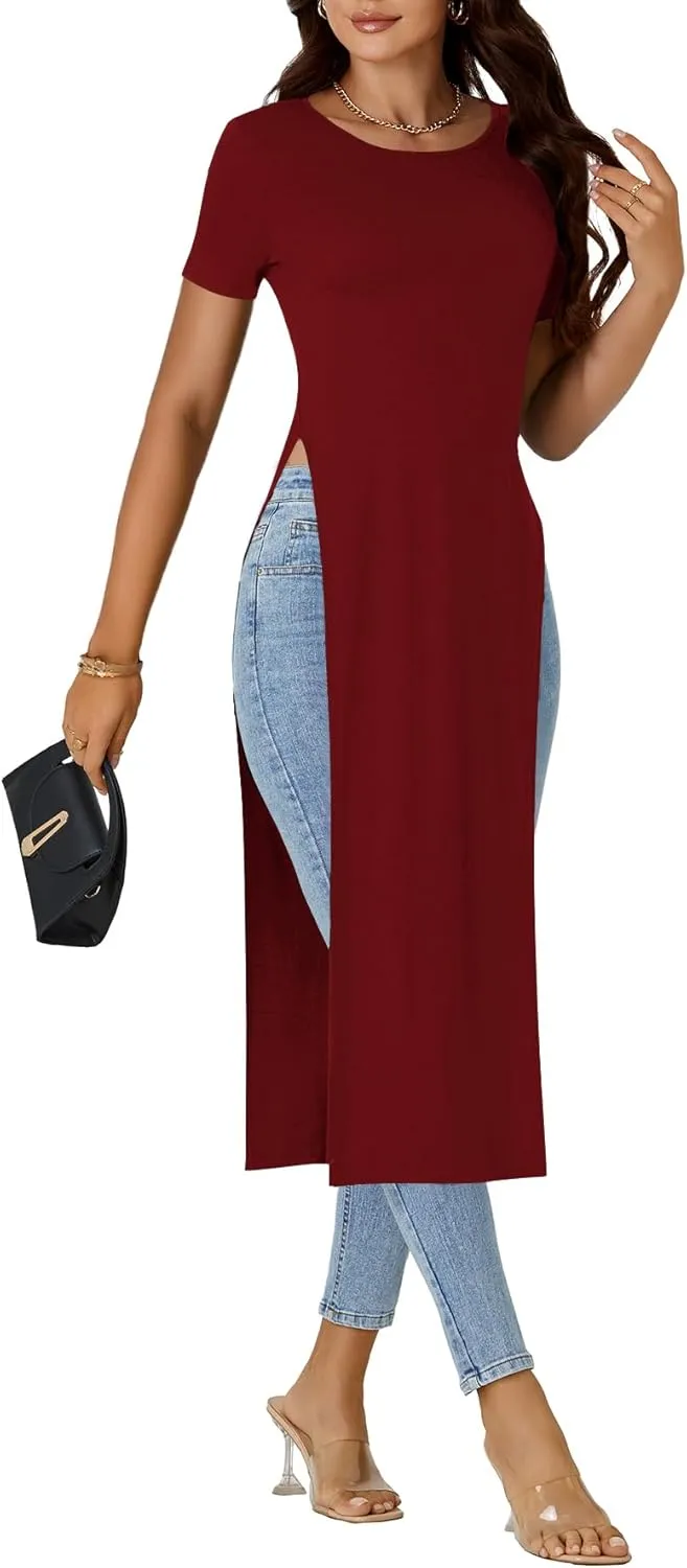 OPOIPIN Women's Crew Neck Split Slit Hem Short Sleeve Slim Fit Tee Top Long Shirt Tunic