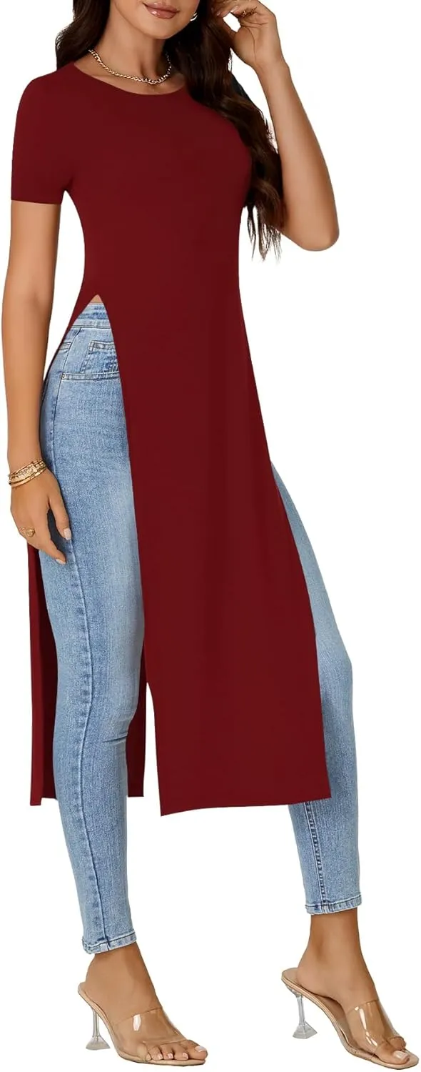 OPOIPIN Women's Crew Neck Split Slit Hem Short Sleeve Slim Fit Tee Top Long Shirt Tunic