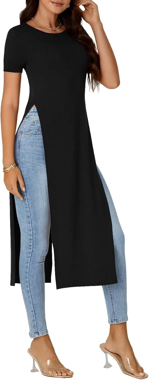 OPOIPIN Women's Crew Neck Split Slit Hem Short Sleeve Slim Fit Tee Top Long Shirt Tunic