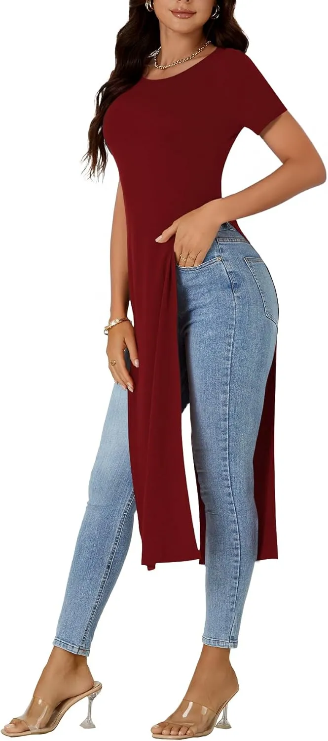 OPOIPIN Women's Crew Neck Split Slit Hem Short Sleeve Slim Fit Tee Top Long Shirt Tunic