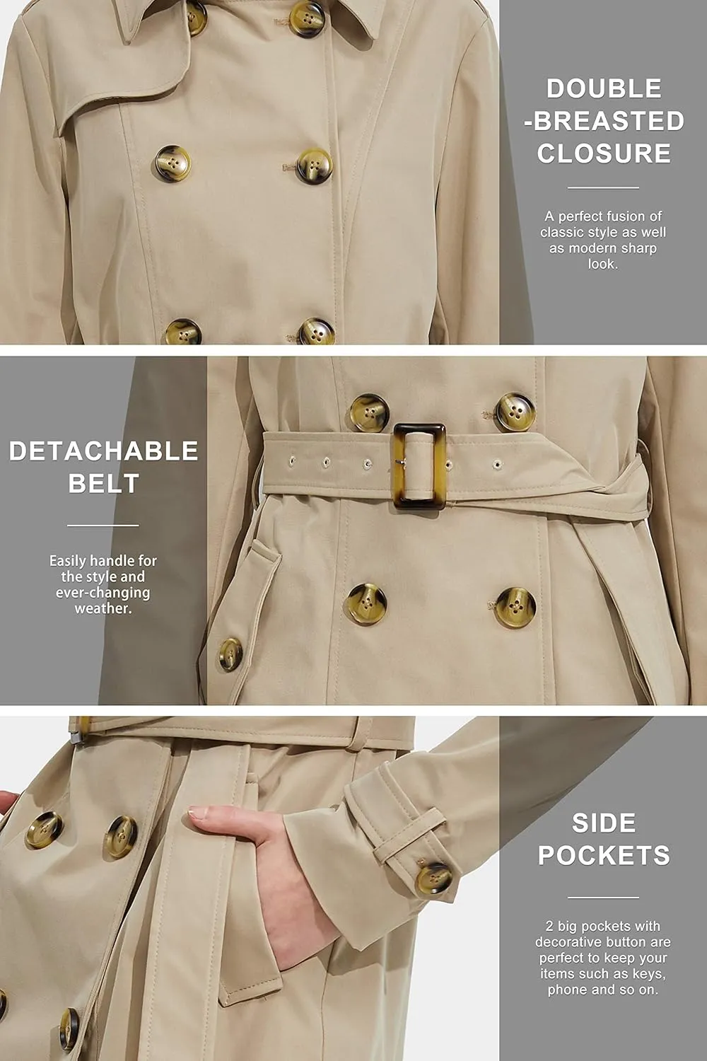 Orolay Women's Mid-length Trench Coat Double Breasted Dress Jacket Classic Lapel Slim Overcoat with Belt