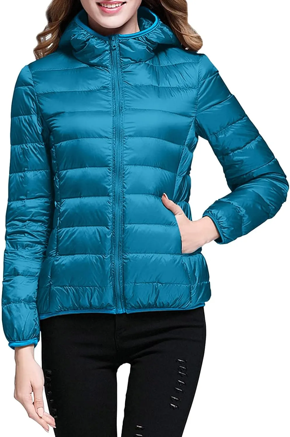 Packable Puffer Jacket for Women Lightweight Short Down Jackets Trendy Slim Fit Bubble Coat Winter Puffer Jackets with Hood