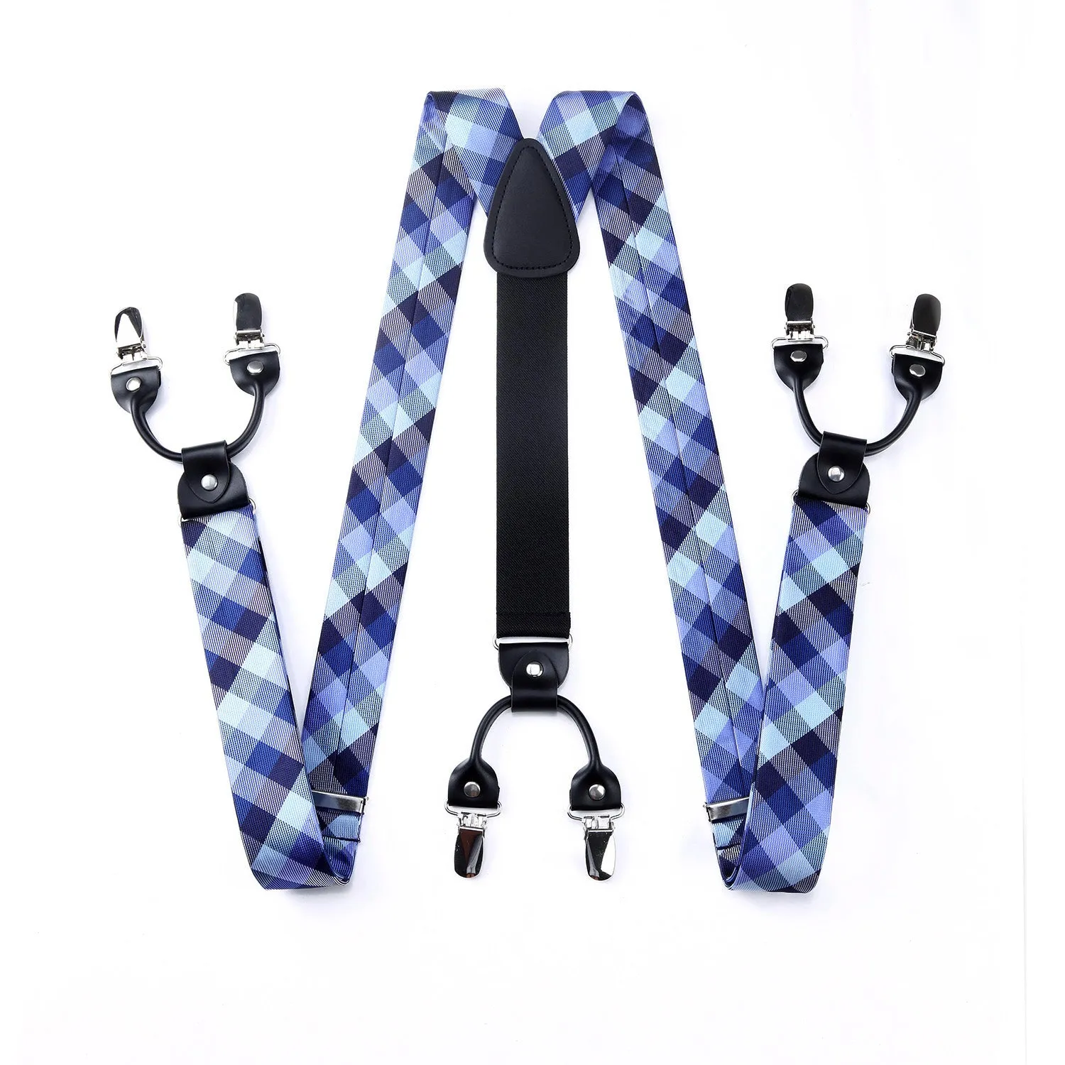 Plaid Suspender Pre-Tied Bow Tie Handkerchief - B9-BLUE