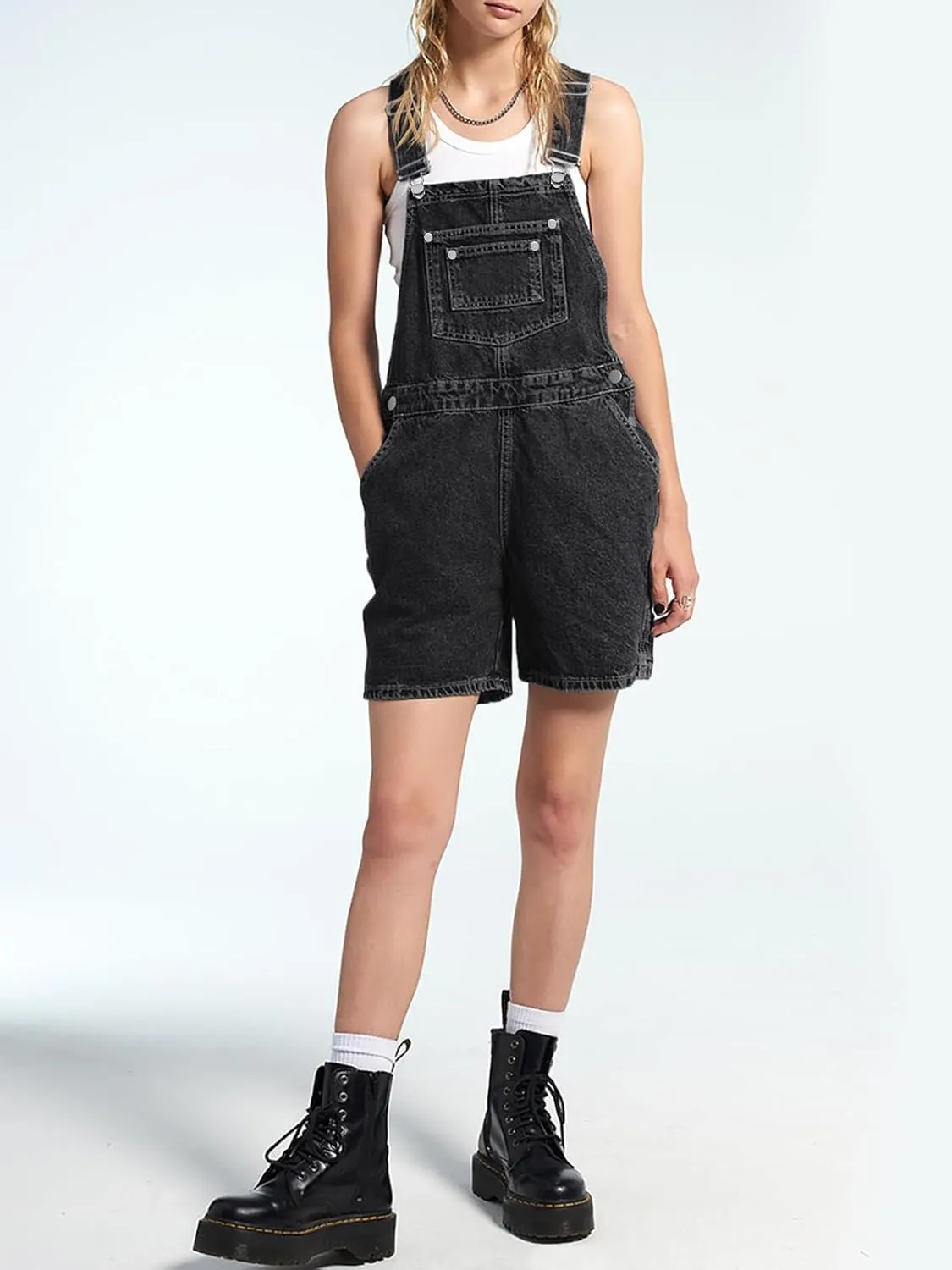 PLNOTME Womens Casual Denim Overalls Summer Adjustable Strap Vintage Bib Shortalls Short Romper with Pockets