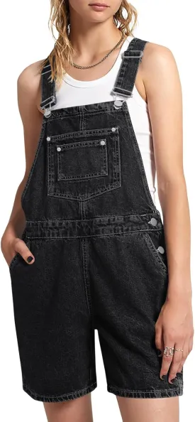 PLNOTME Womens Casual Denim Overalls Summer Adjustable Strap Vintage Bib Shortalls Short Romper with Pockets