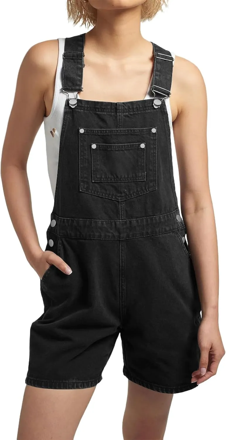 PLNOTME Womens Casual Denim Overalls Summer Adjustable Strap Vintage Bib Shortalls Short Romper with Pockets