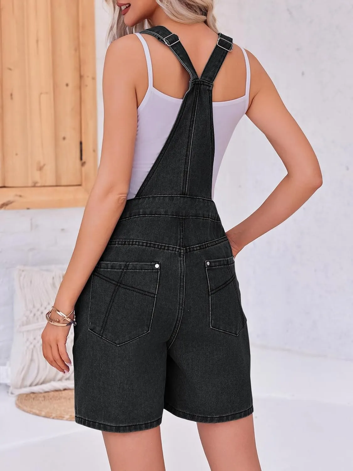 PLNOTME Womens Casual Denim Overalls Summer Adjustable Strap Vintage Bib Shortalls Short Romper with Pockets