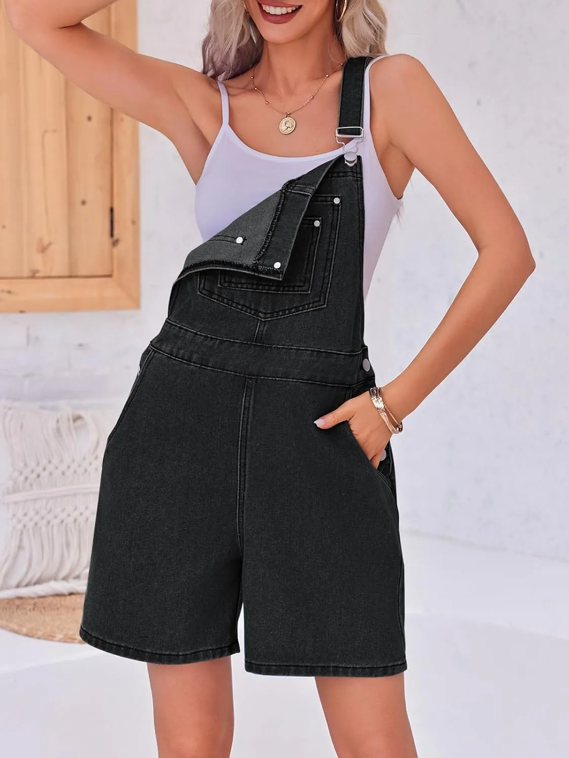 PLNOTME Womens Casual Denim Overalls Summer Adjustable Strap Vintage Bib Shortalls Short Romper with Pockets