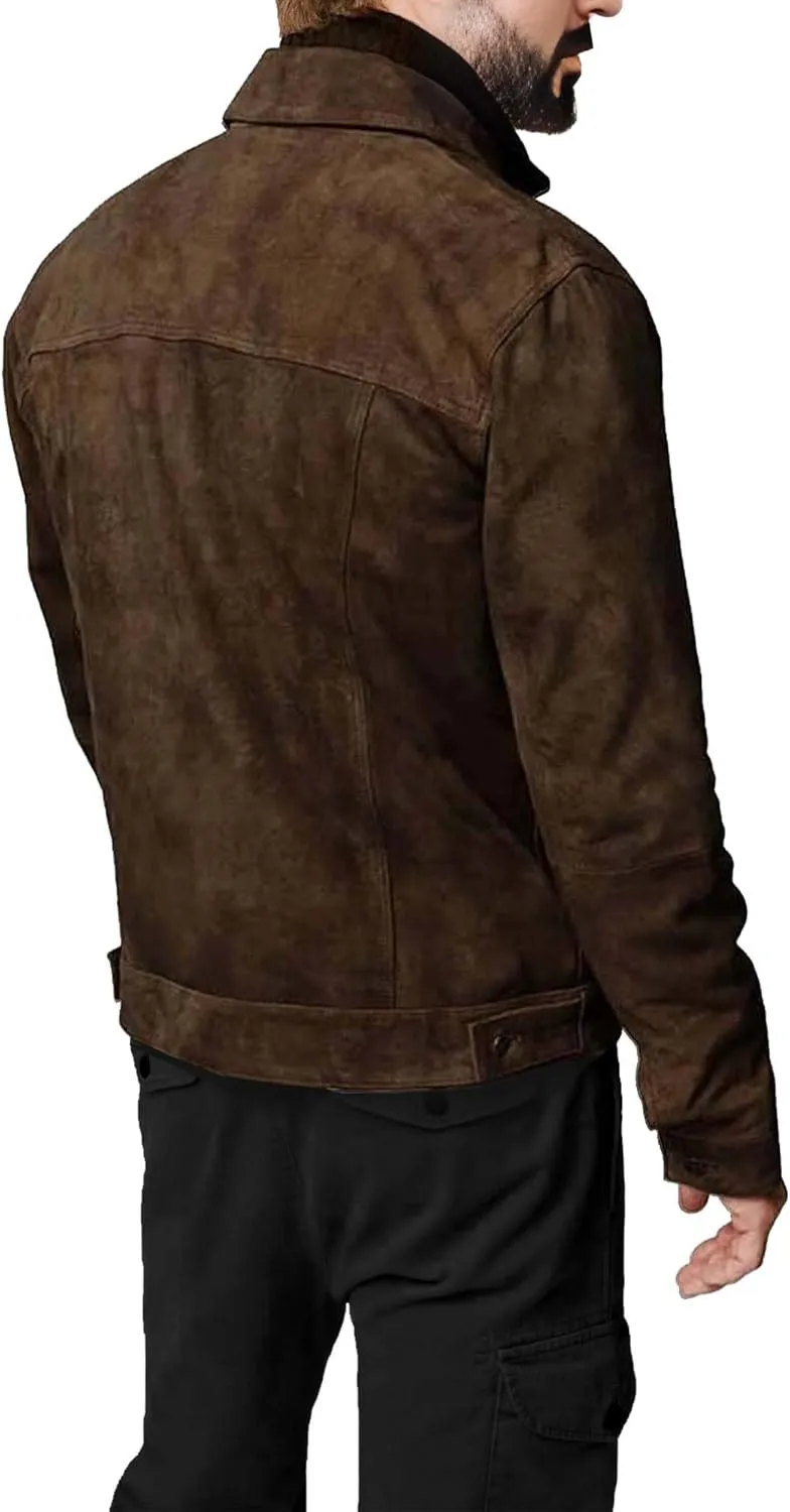 Premium Vintage Trucker Suede Leather Jacket Men Genuine Lambskin Men Leather Jackets Shirt Collar Jackets For Mens