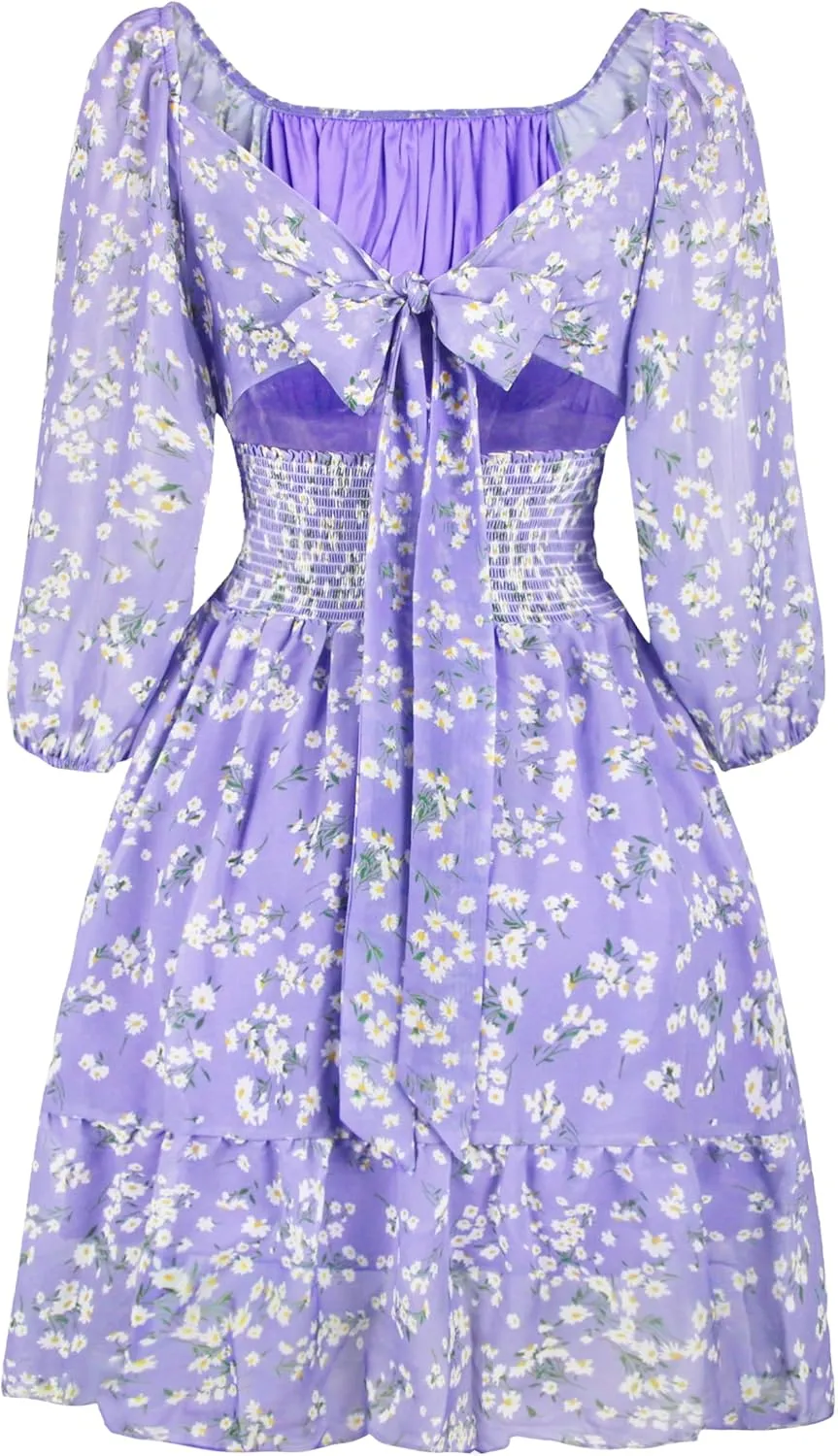 PUKAVT Women's Summer Dresses 2025 Square Neck Tie Back 3/4 Lantern Sleeve Vintage Chiffon Short Dress