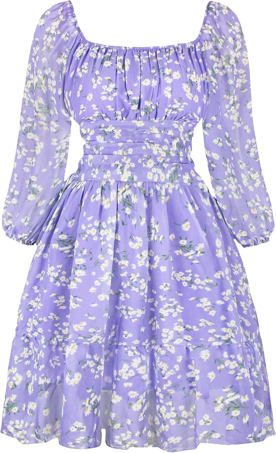 PUKAVT Women's Summer Dresses 2025 Square Neck Tie Back 3/4 Lantern Sleeve Vintage Chiffon Short Dress