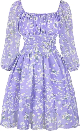 PUKAVT Women's Summer Dresses 2025 Square Neck Tie Back 3/4 Lantern Sleeve Vintage Chiffon Short Dress