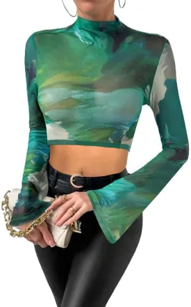 Remidoo Women's Mesh Top Mock Neck Tie Dye Long Sleeve Sheer Crop Tops Shirt