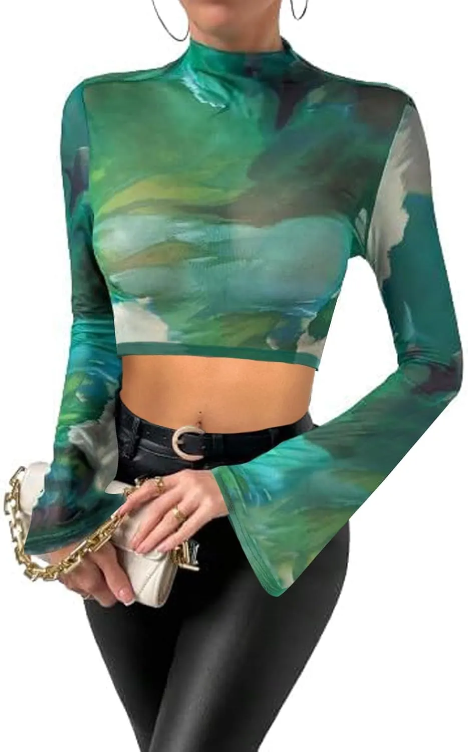 Remidoo Women's Mesh Top Mock Neck Tie Dye Long Sleeve Sheer Crop Tops Shirt