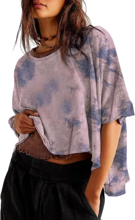 Remidoo Womens Oversized Crop Top Tie Dye Shirt Crewneck Short Sleeve T-Shirt