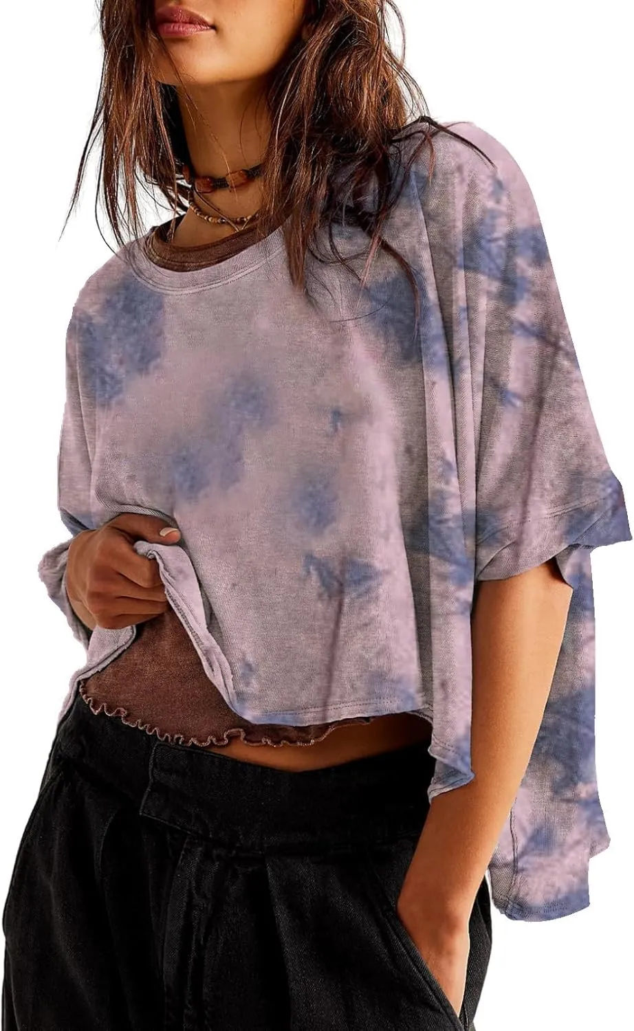 Remidoo Womens Oversized Crop Top Tie Dye Shirt Crewneck Short Sleeve T-Shirt