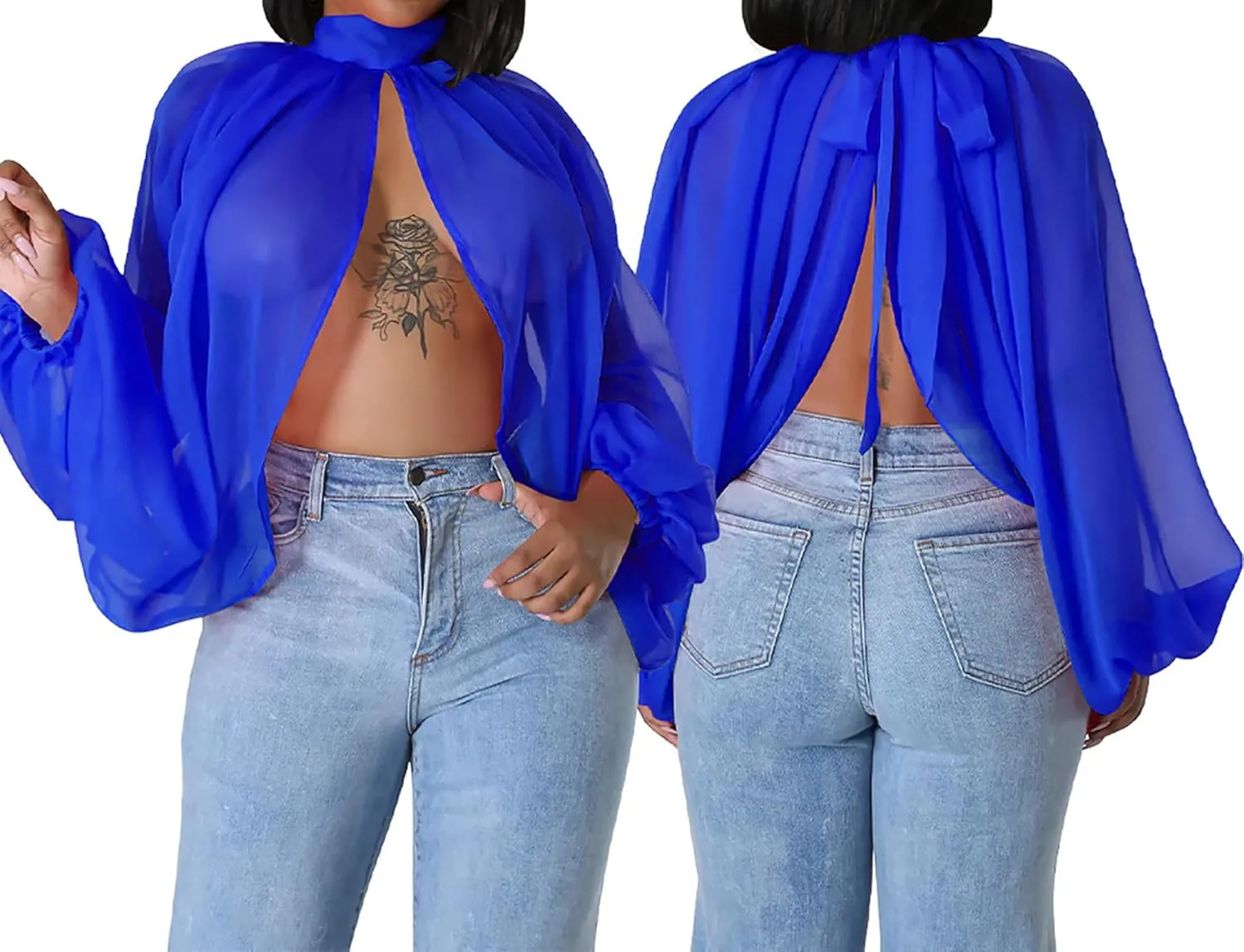 Remxi Women Sexy Batwing Sleeve Sheer Shirts See Through Chiffon High Neck Self Tie Shawl Casual Flowy Shirt Blouses Top