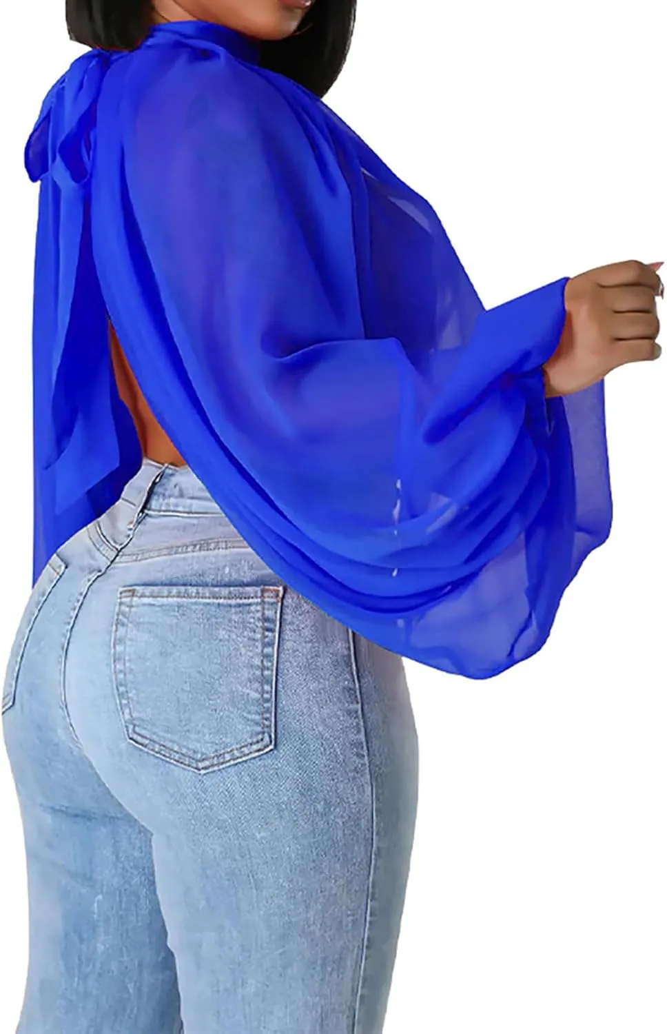 Remxi Women Sexy Batwing Sleeve Sheer Shirts See Through Chiffon High Neck Self Tie Shawl Casual Flowy Shirt Blouses Top