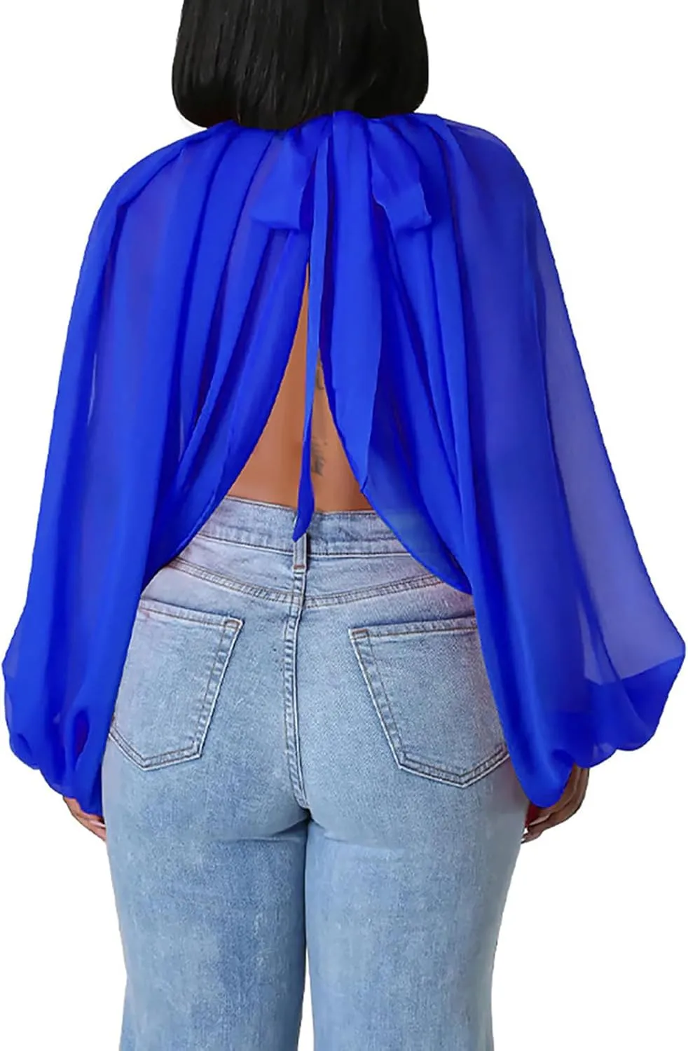 Remxi Women Sexy Batwing Sleeve Sheer Shirts See Through Chiffon High Neck Self Tie Shawl Casual Flowy Shirt Blouses Top