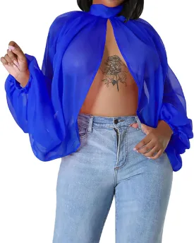 Remxi Women Sexy Batwing Sleeve Sheer Shirts See Through Chiffon High Neck Self Tie Shawl Casual Flowy Shirt Blouses Top