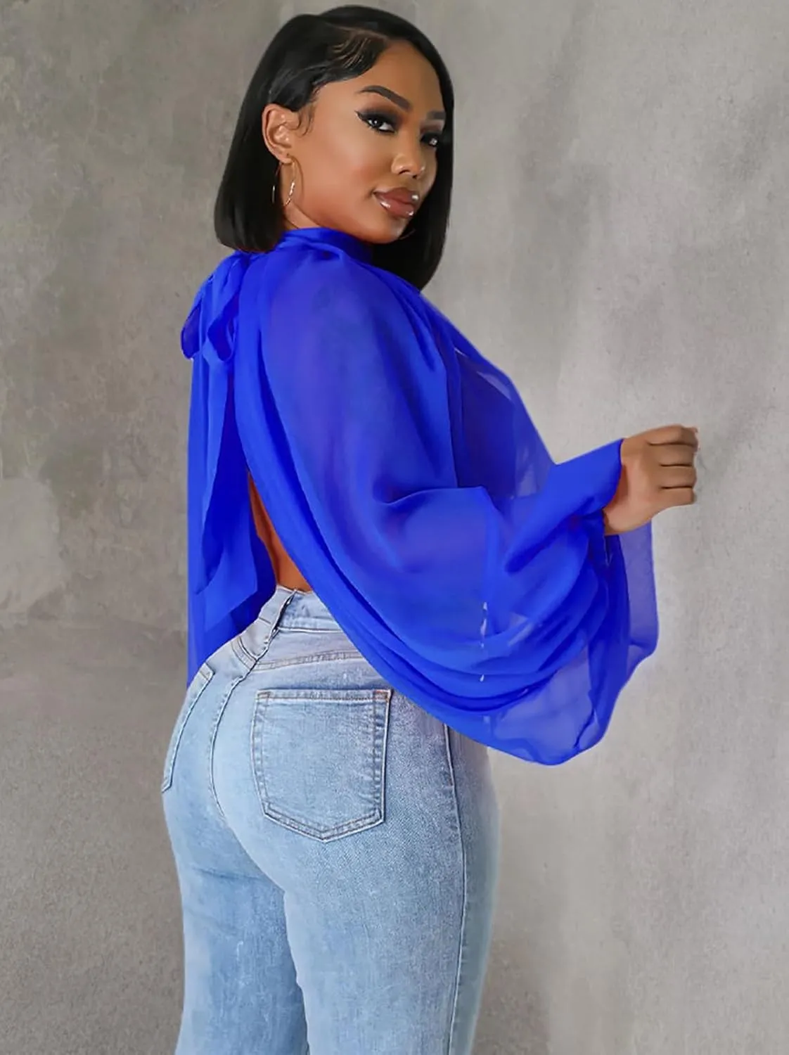 Remxi Women Sexy Batwing Sleeve Sheer Shirts See Through Chiffon High Neck Self Tie Shawl Casual Flowy Shirt Blouses Top