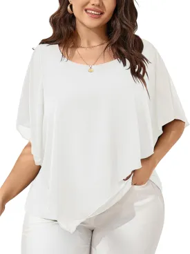 SCOMCHIC Women's Plus Size Blouses Summer Casual Loose Batwing Short Sleeve Chiffon Flowy Tops Dressy Elegant Blouse Shirt