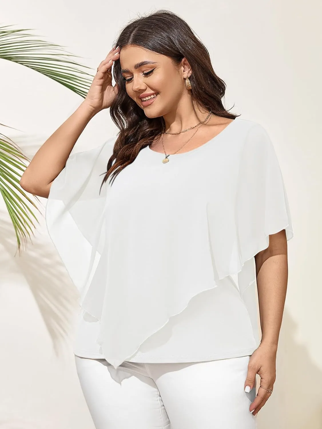 SCOMCHIC Women's Plus Size Blouses Summer Casual Loose Batwing Short Sleeve Chiffon Flowy Tops Dressy Elegant Blouse Shirt