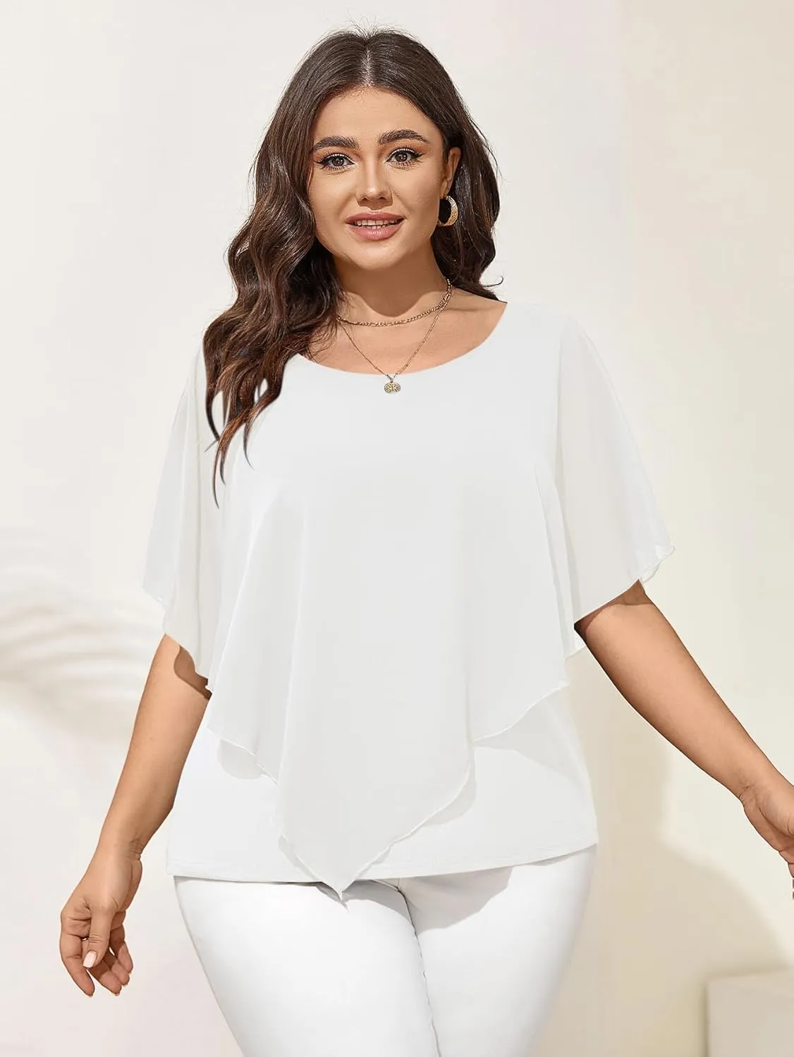 SCOMCHIC Women's Plus Size Blouses Summer Casual Loose Batwing Short Sleeve Chiffon Flowy Tops Dressy Elegant Blouse Shirt