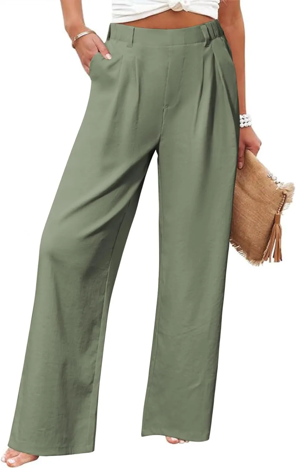SEMARO Womens Casual High Waisted Linen Pants Wide Leg Lounge Palazzo Trousers Beach Outfits with Pockets