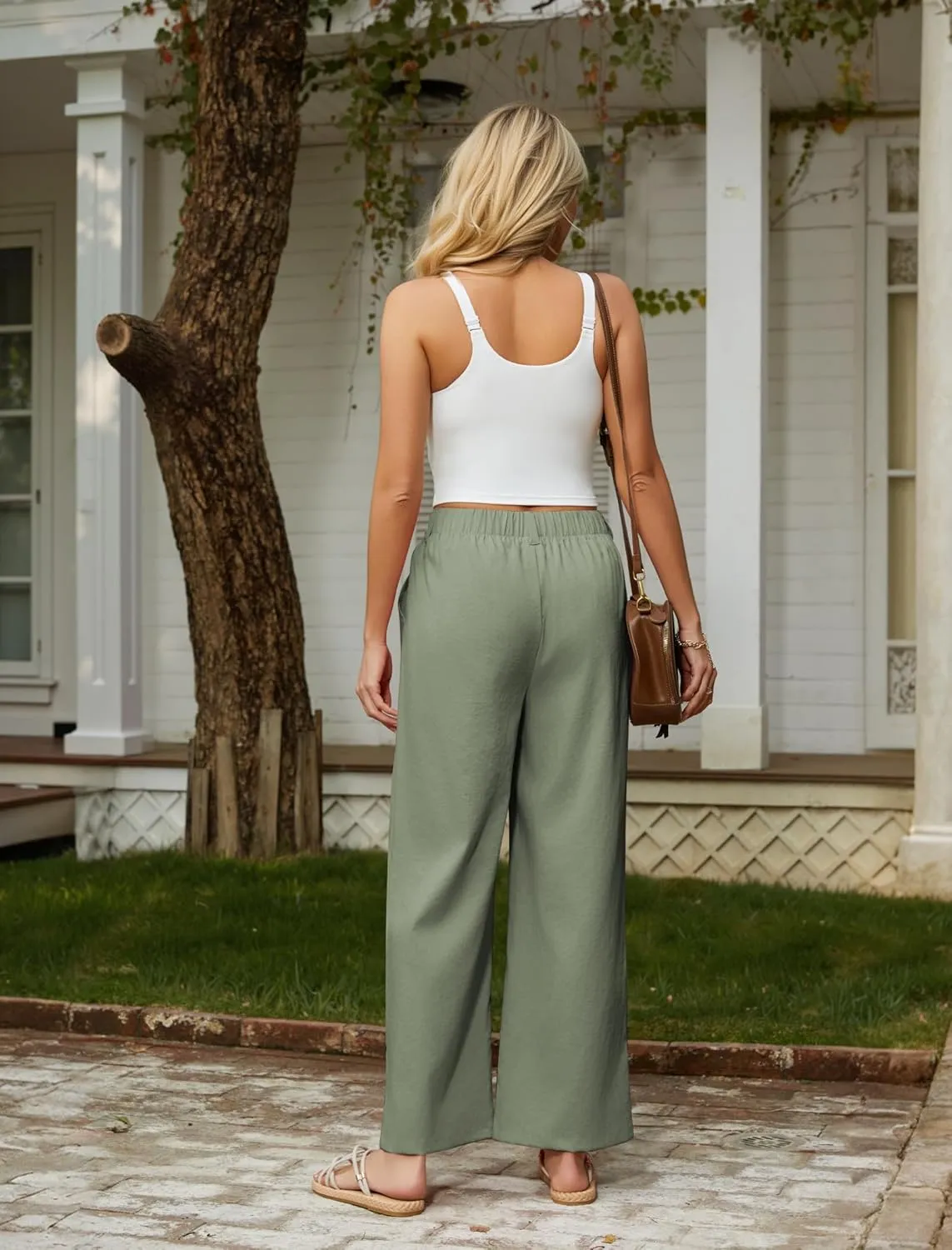 SEMARO Womens Casual High Waisted Linen Pants Wide Leg Lounge Palazzo Trousers Beach Outfits with Pockets