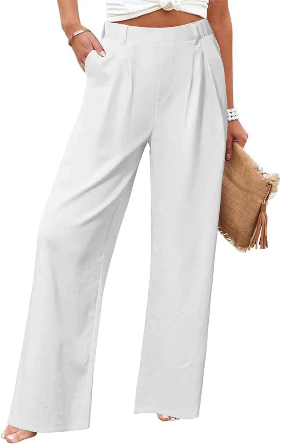 SEMARO Womens Casual High Waisted Linen Pants Wide Leg Lounge Palazzo Trousers Beach Outfits with Pockets