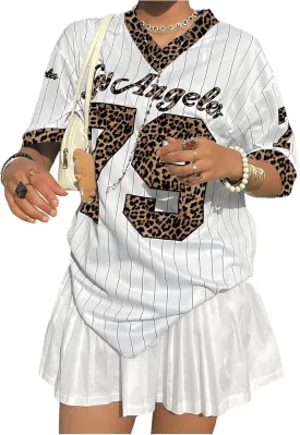 SOLY HUX Jersey Shirts for Women Y2k Oversized T Shirt Striped Number Graphic Tees V Neck Half Sleeve Streetwear Tops