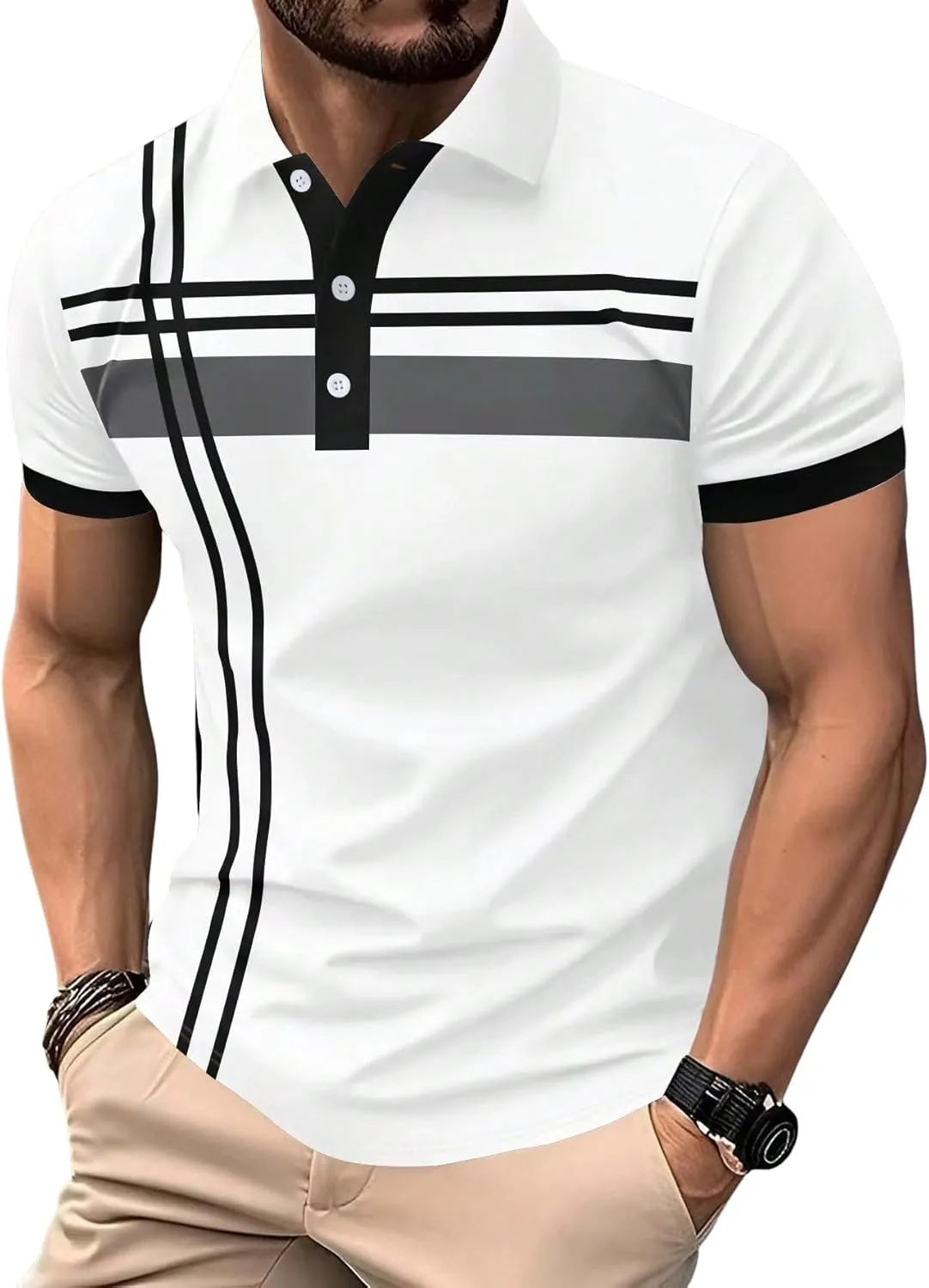 SOLY HUX Men's Casual Golf Shirts Short Sleeve Button Down Striped Collared Shirts Summer Work T-Shirt