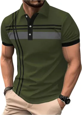 SOLY HUX Men's Casual Golf Shirts Short Sleeve Button Down Striped Collared Shirts Summer Work T-Shirt