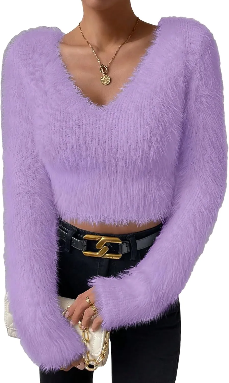 SweatyRocks Women's Fuzzy Fleece Long Sleeve V Neck Crop Sweater Casual Plain Slim Fit Warm Knitwear Sweater Tops