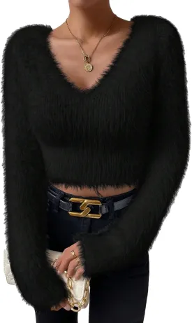 SweatyRocks Women's Fuzzy Fleece Long Sleeve V Neck Crop Sweater Casual Plain Slim Fit Warm Knitwear Sweater Tops