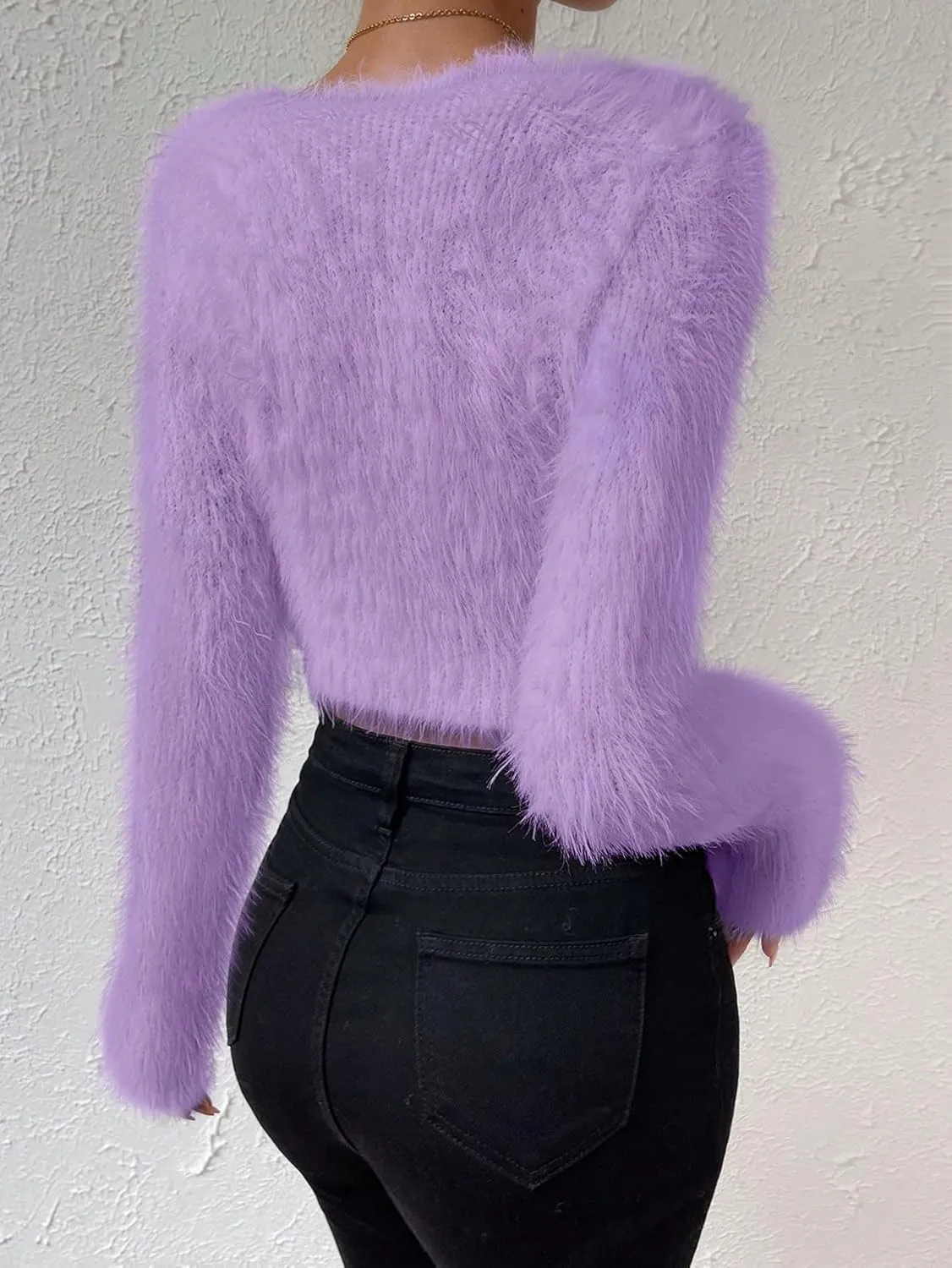 SweatyRocks Women's Fuzzy Fleece Long Sleeve V Neck Crop Sweater Casual Plain Slim Fit Warm Knitwear Sweater Tops
